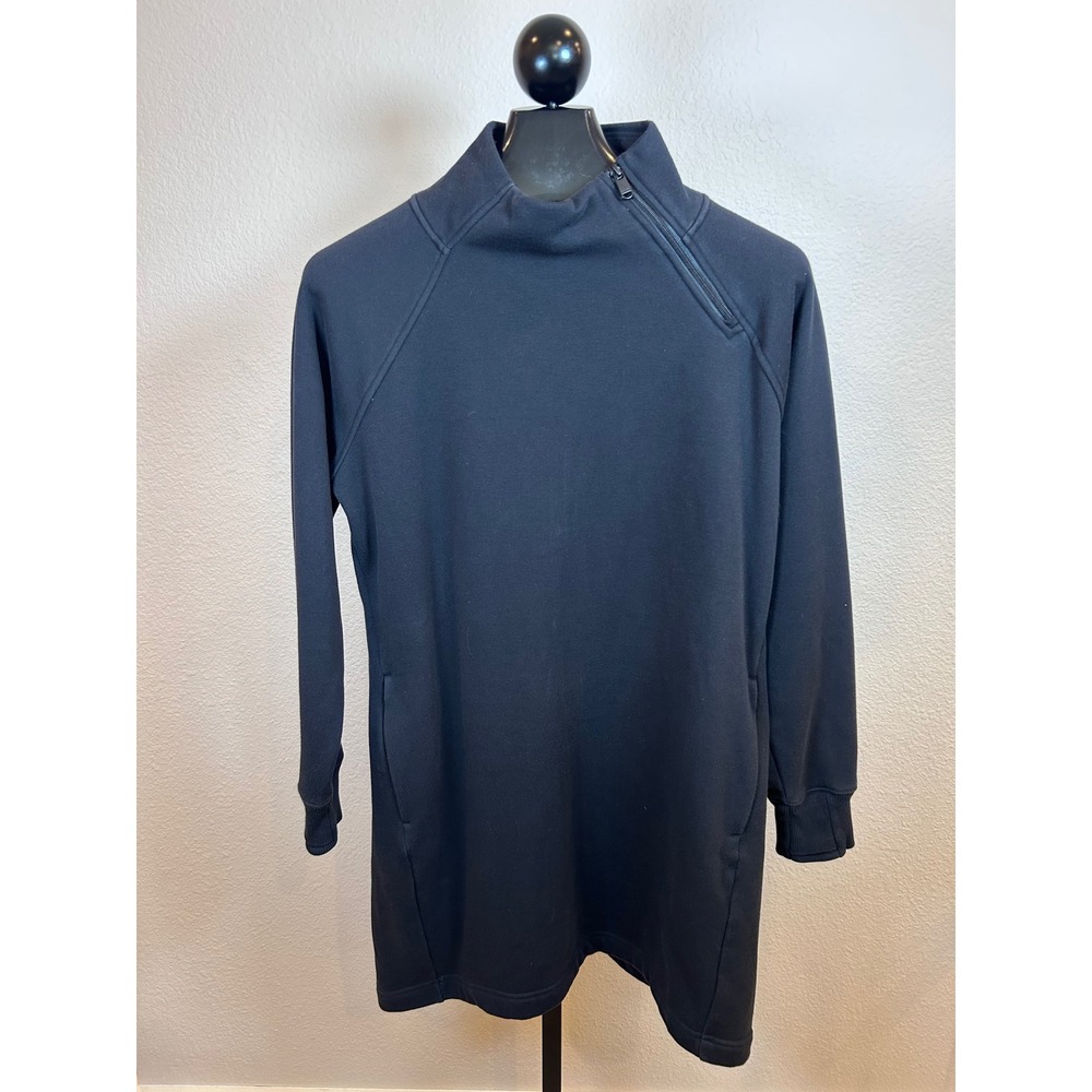 Athleta Womens Black Cozy Karma Asymmetrical Zip Mock Neck Sweatshirt Dress L